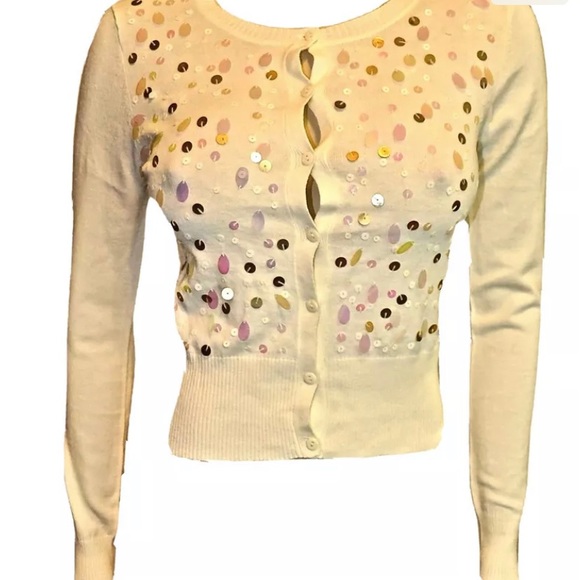 V2K Ivory Button up Front Stretchy Sequin Sweater top Knit Cardigan Holiday top - Picture 4 of 4